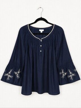 J. Jill M Navy Embroidered Bell Sleeve Peasant Blouse 100% Cotton Boho Cottage